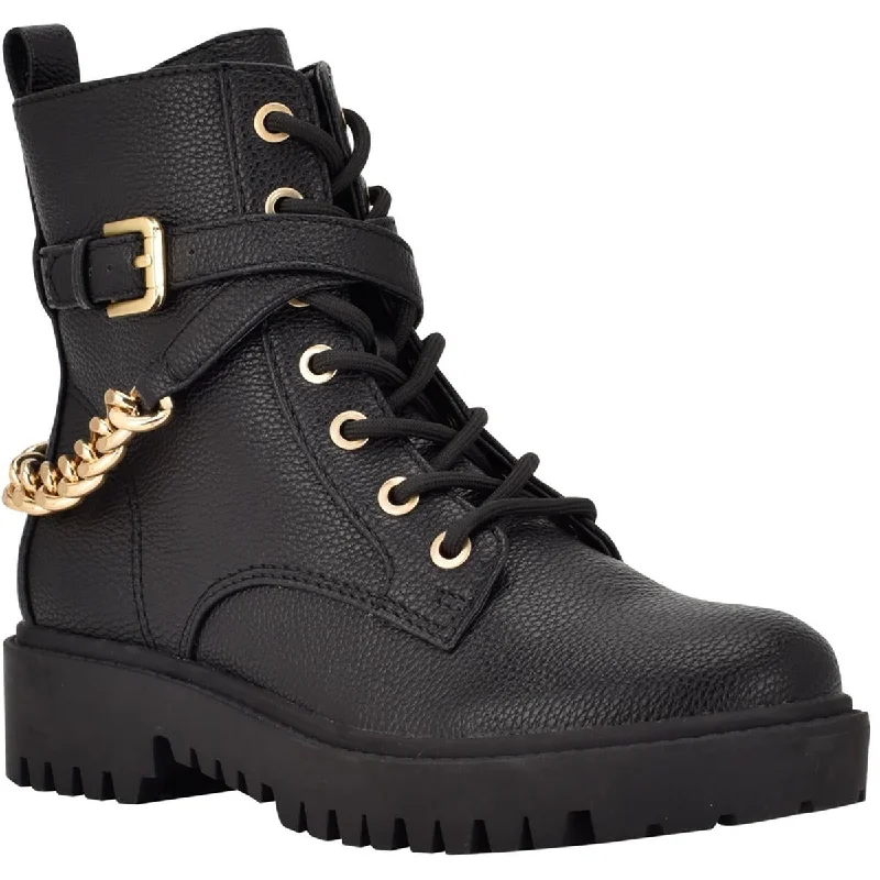 Guess Womens Olisey 2 Faux Leather Side Zipper Combat & Lace-up Boots Metallic Trim Shoe Design  