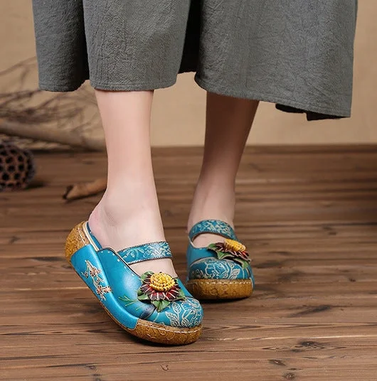 Handmade Flower Genuine Leather Slides Flip Flop Slippers for women Paisley Print Shoe Design  