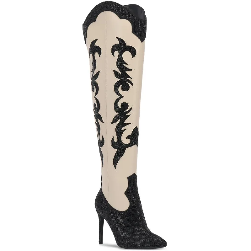 INC Womens Iresa Faux Leather Rhinestone Cowboy, Western Boots Metallic Trim Shoe Design  