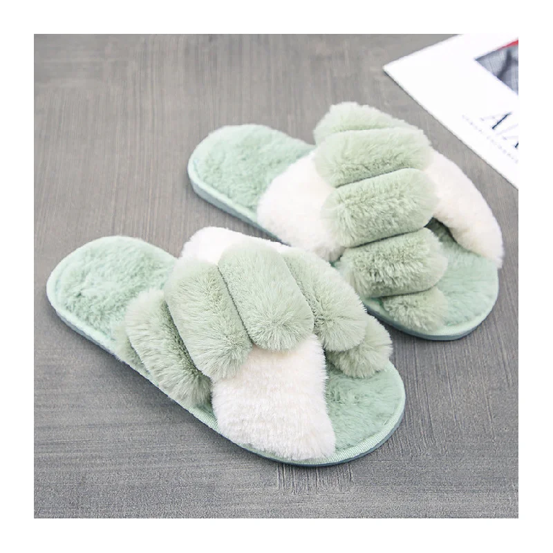 Indoor women fur slippers Trend two tone cross strap ladies fluffy slippers Open toe warm faux plush flat shoes Lightweight Tennis Sneaker Look Indoor women fur slippers Trend two tone cross strap ladies fluffy slippers Open toe warm faux plush flat shoes Lightweight Tennis Sneaker Look