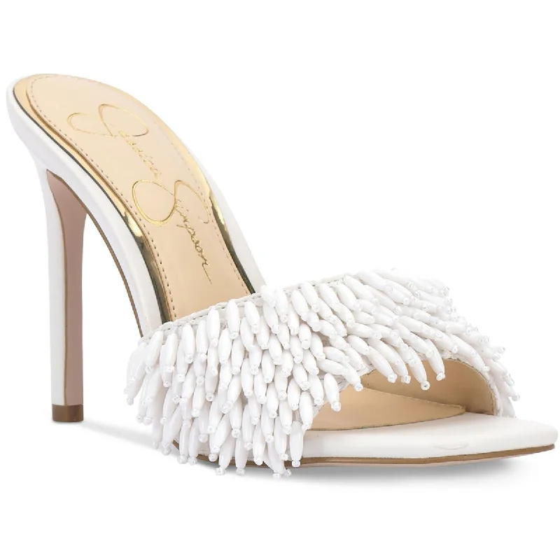 Jessica Simpson Womens Olya Beaded Faux Leather Heels Slide Sandal Beach Style  