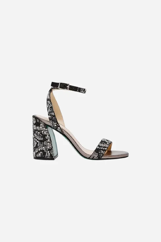 Betsy Johnson Jet Rhinestone Sandal in Snake Zip - Up Boot Style  