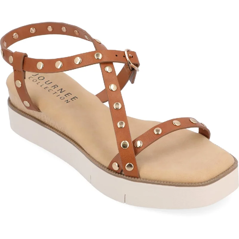 Journee Collection Womens Lindsay Faux Leather Studded Slingback Sandals Checkered Shoe Pattern Look  
