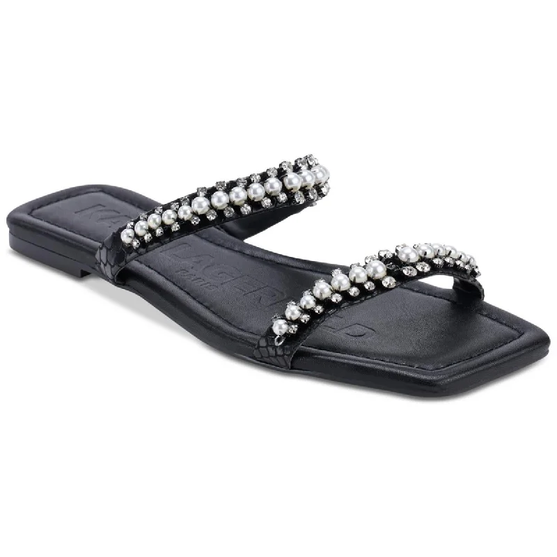 Karl Lagerfeld Paris Womens Payzlee Faux Leather Rhinestone Slide Sandals Ankle - High Military Boot Style  