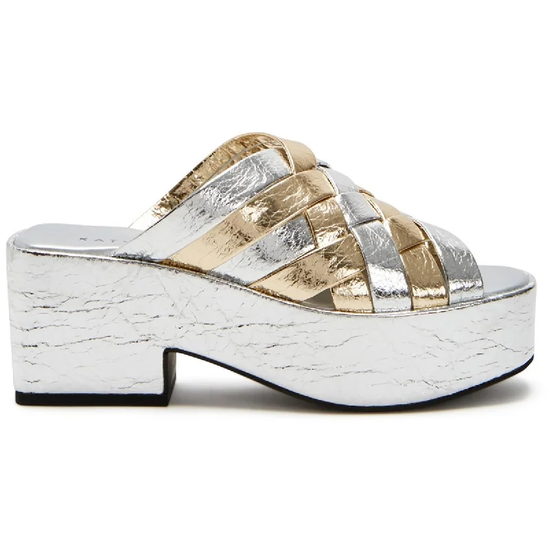 Katy Perry Womens The Busy Bee Criss Cross Slide Metallic Platform Sandals Loose - Fit Slipper Style  