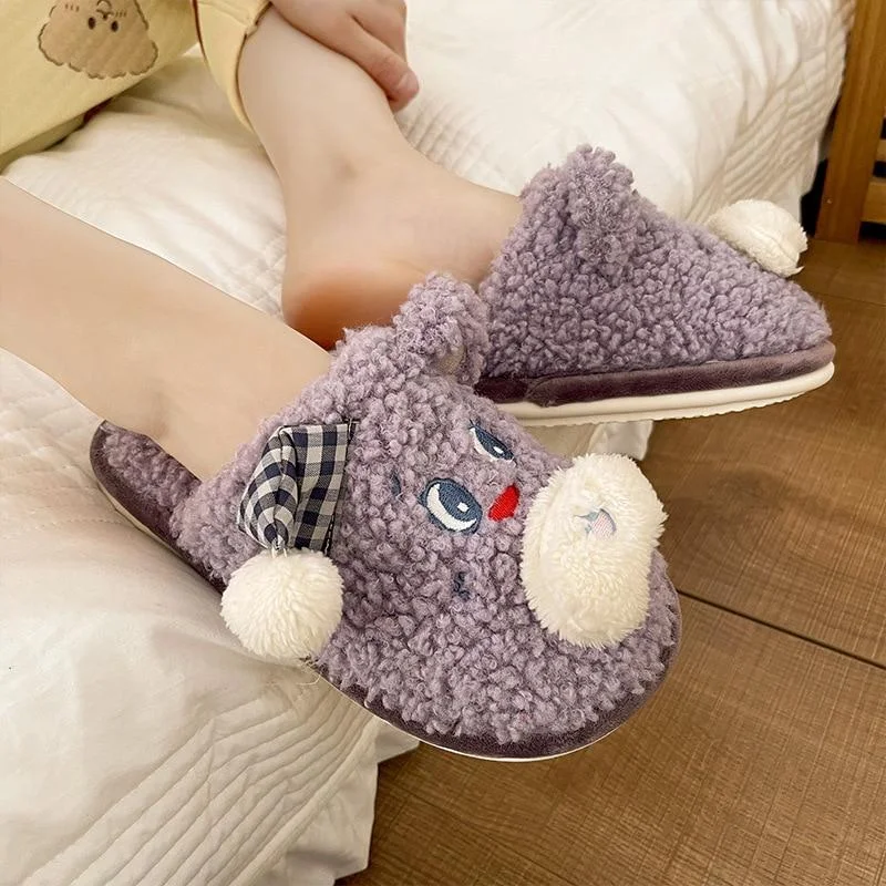 Keep Warm in Winter Women's Cute Cartoon Bear Cotton Plush House Slippers Edwardian Shoe Look  