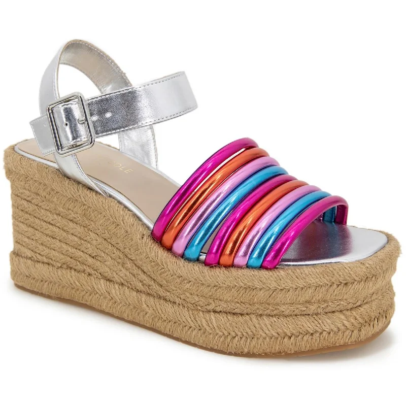 Kenneth Cole New York Womens Shelby Metallic Ankle Strap Espadrilles Checkered Shoe Pattern Look  