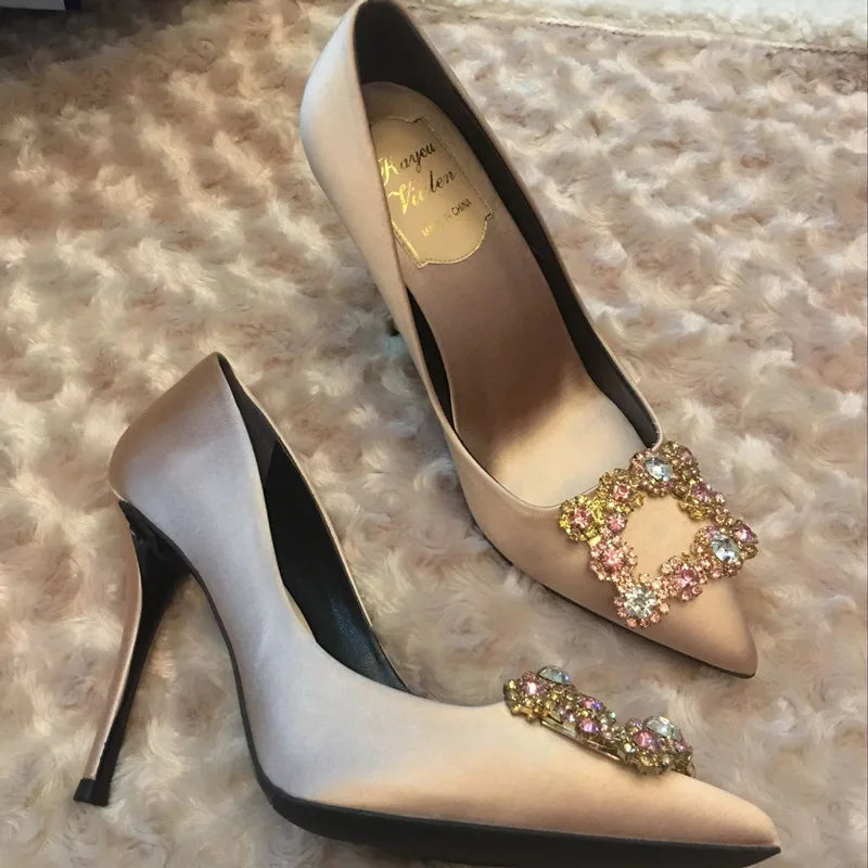 Luxury Rhinestone Pointed Toe Stiletto Heel Women Satin Designer Dress Shoes Ladies Elegant Crystal Wedding Bridal Shoes Pumps Lightweight Tennis Sneaker Look  