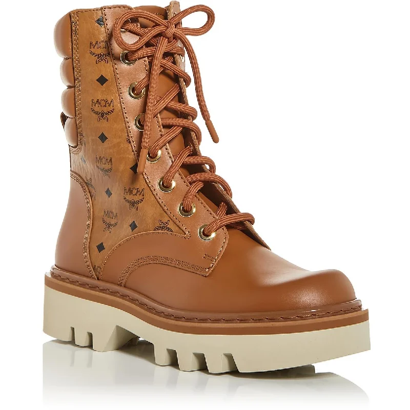 MCM Womens Faux Leather Logo Combat & Lace-Up Boots Distressed Leather Shoe Style  