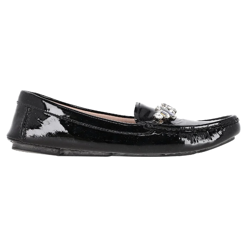Miu Miu Crytal Detail Loafers in Black Patent Leather Elastic - Sided Chelsea Look  