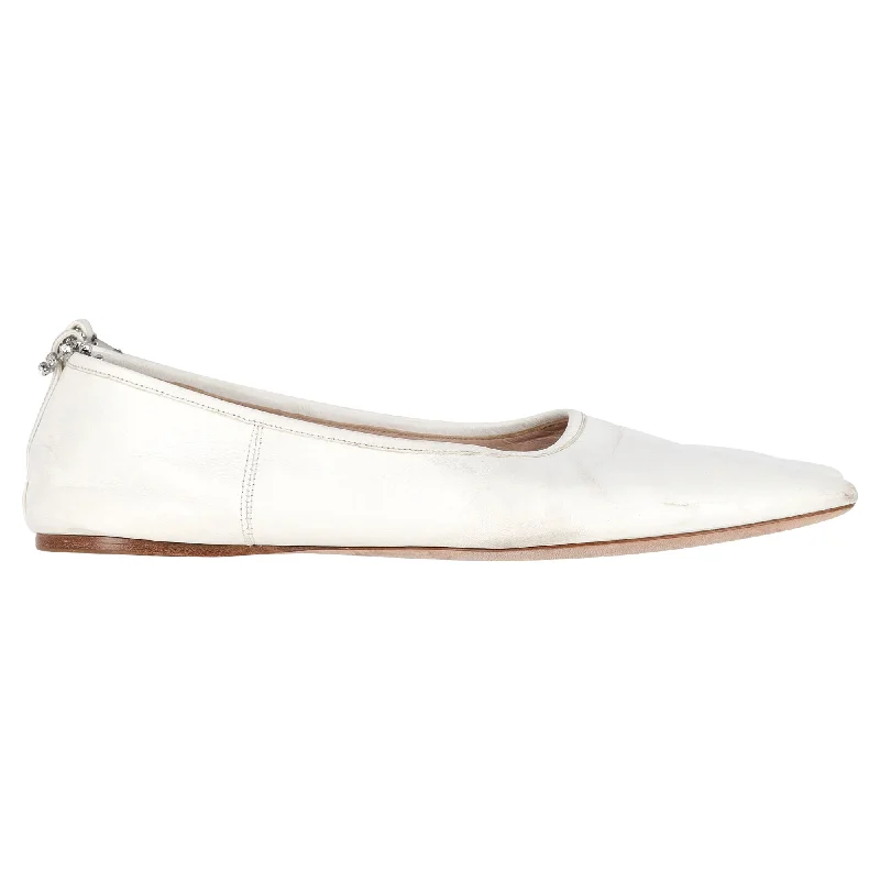 Miu Miu Embellished-Strap Pointed-Toe Ballet Flats in White Leather Business Monk Strap Style  