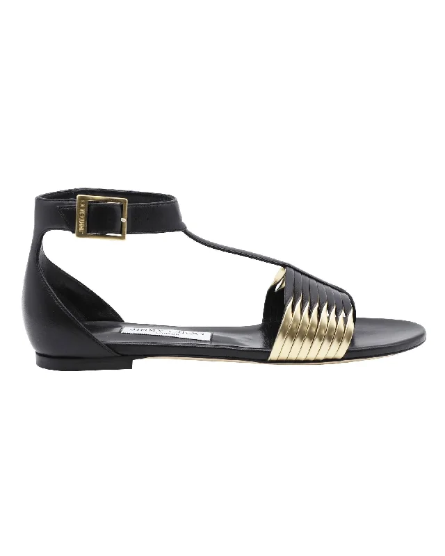 Jimmy Choo Ladle Flat Sandals in Black and Gold Leather Dressy Chelsea Boot Style 