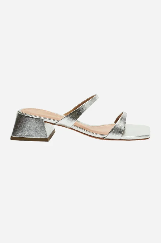 Intentionally Blank Near Metallic Heeled Sandal in Silver Suede Desert Boot 