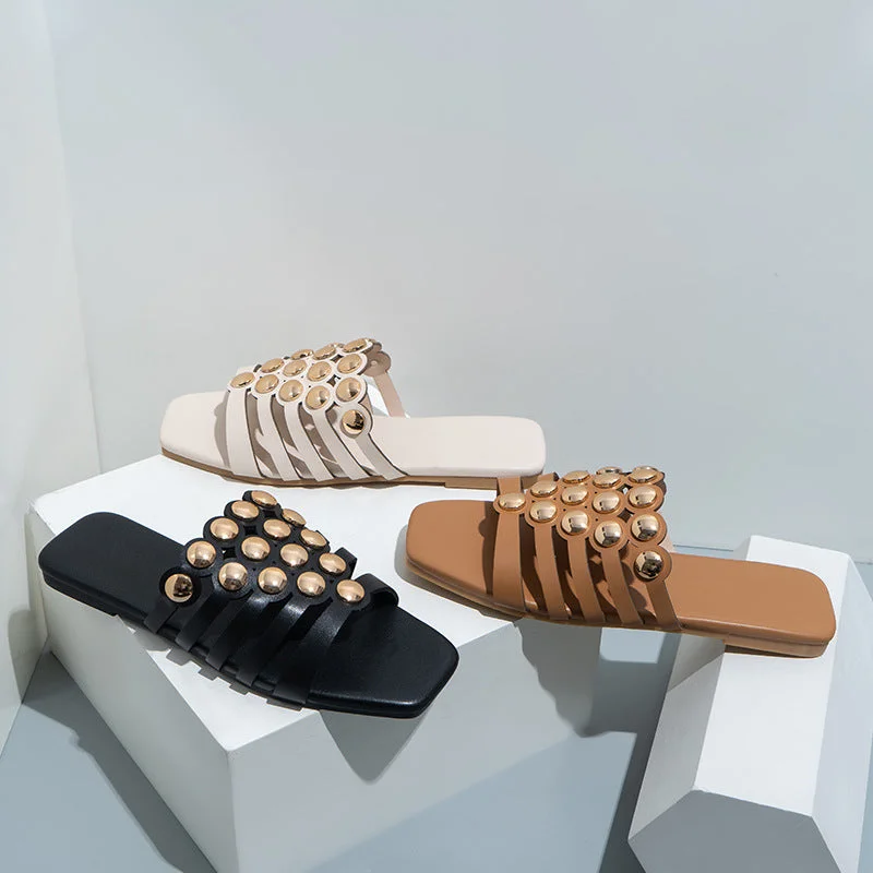 New ladies casual shoes studded flat slippers female head hollowed out sandals women slippers Hemp - Material Shoe Style New ladies casual shoes studded flat slippers female head hollowed out sandals women slippers Hemp - Material Shoe Style