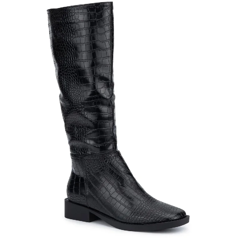 Olivia Miller Womens Faux Crocodile Suare Toe Knee-High Boots British Gentleman Oxford Style  