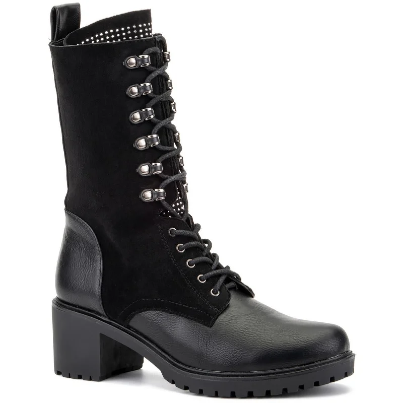 Olivia Miller Womens Faux Leather Lugged Sole Combat & Lace-Up Boots Art Deco - Inspired Shoe Look  