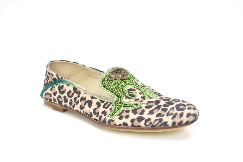 Ottoman Moccasin In Cream/green Leopard Edwardian Shoe Look  