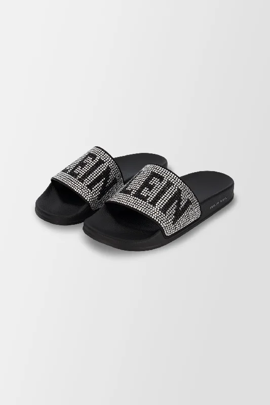 Philipp Plein Black Crystal Plein Flat Gummy Slides Patchwork Shoe Aesthetic  