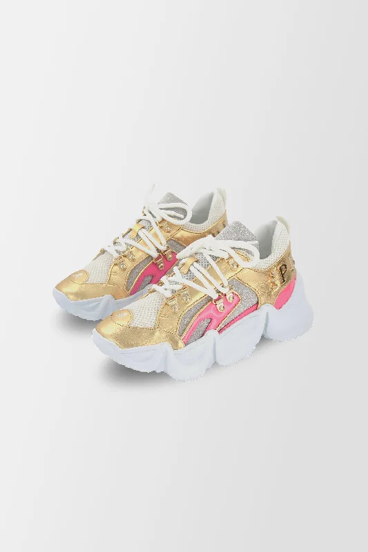 Philipp Plein Gold/Pink Crystal Sneakers Paisley Print Shoe Design  