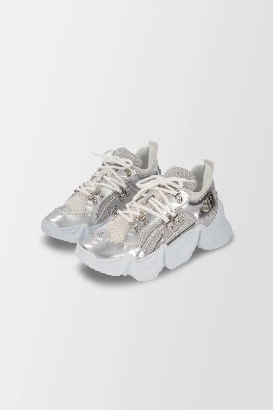 Philipp Plein Silver Crystal Sneakers Metallic Trim Shoe Design  