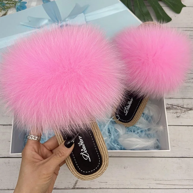 Pink Real Fur Synthetic Straw Natural Fox Flip Flop Sandals for Women Victorian - Era Boot Style  