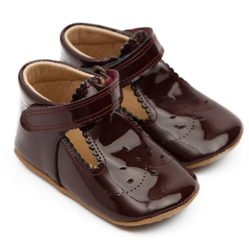 Pom Pom Indoor Shoe Ballerina T-Bar Dark Plum Patent Loose - Fit Slipper Style  