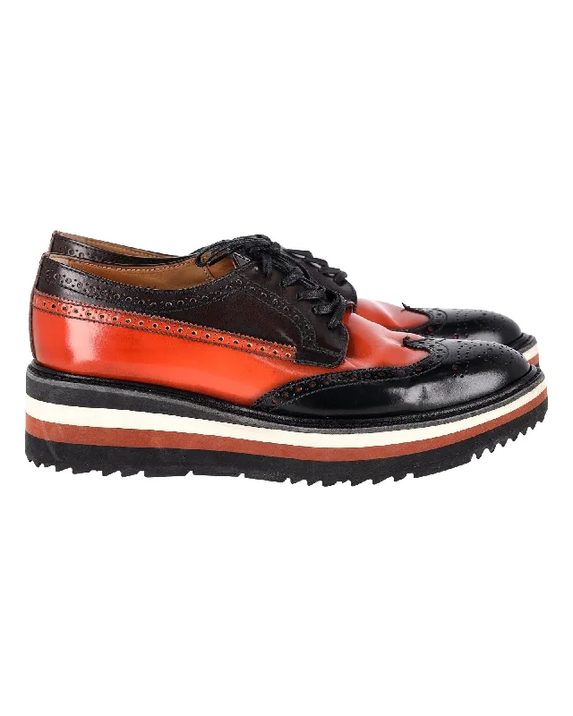 Prada Flatform Derby Brogue Lace Up in Black Leather Patchwork Shoe Aesthetic  
