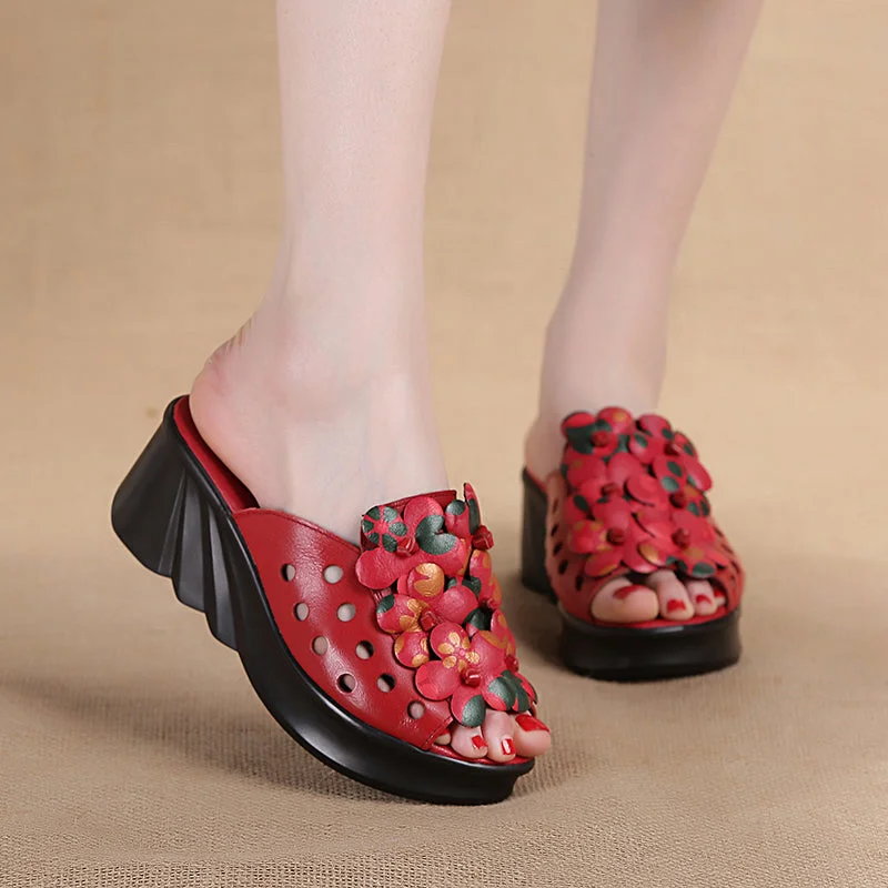 Retro Genuine Leather Summer Platform Heel High Slippers for Women Moccasin Soft - Sole Style  