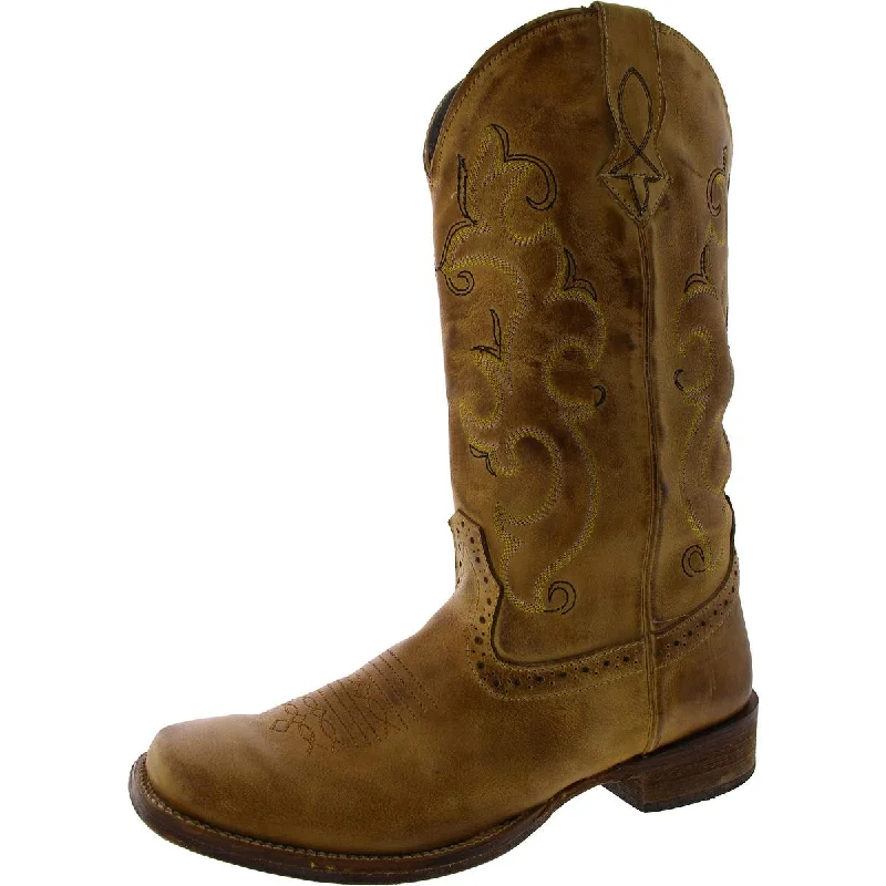 Roper Womens Lindsey Leather Block Heel Cowboy, Western Boots Art Deco - Inspired Shoe Look  