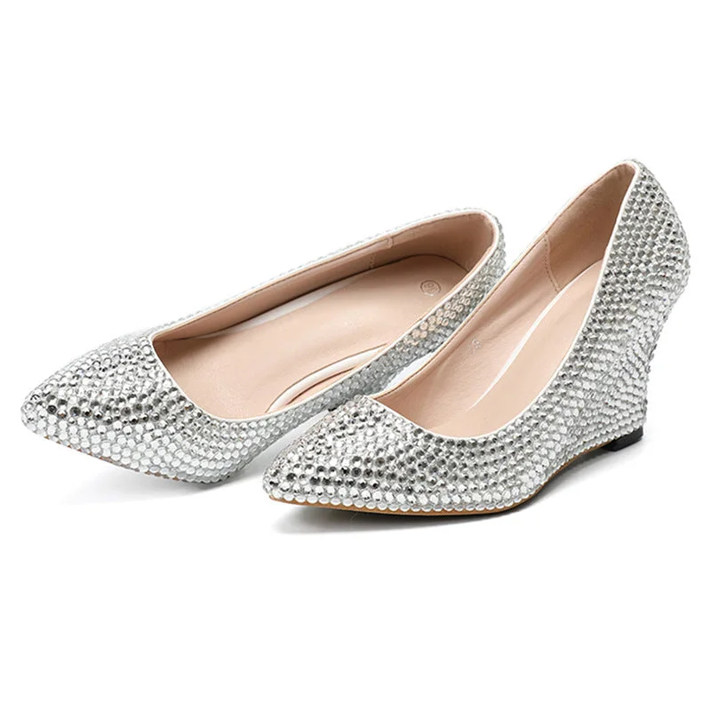 S4646F New Wedge Silver Rhinestone Shallow Cut Diamond shoes for wedding women Metallic Trim Shoe Design S4646F New Wedge Silver Rhinestone Shallow Cut Diamond shoes for wedding women Metallic Trim Shoe Design