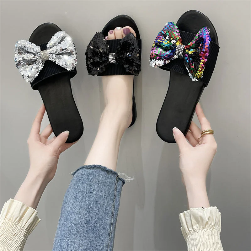 Sequin Bow Slippers Women Casual Outdoor Flat Shoes 2022 Summer Ladies Fashion Shiny Beach Sandals Size 35-43 zapatos de mujer Victorian - Era Boot Style  