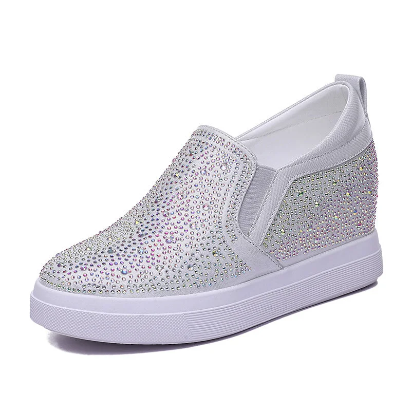 Spring Hot Diamond Flat Bottom Inner Elevated Single Shoe Women's Slope Heel Sports Casual Shoes Fashion Rhinestone Shoes 34-40 Embroidered Cowboy Boot Design  