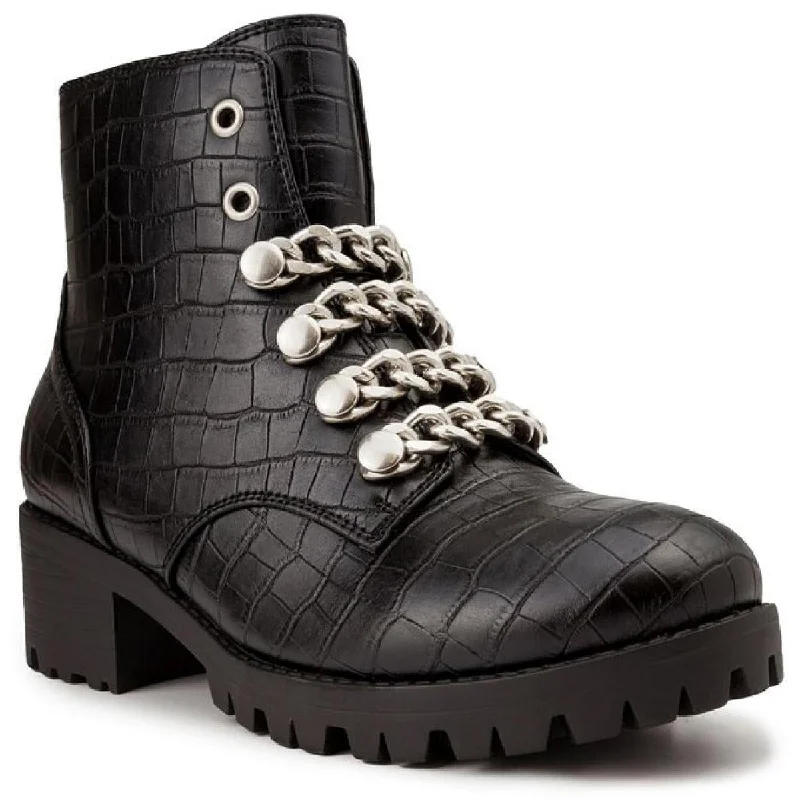 Sugar Womens Obvi Faux Leather Chain Combat & Lace-up Boots Single - Buckle Monk Look  