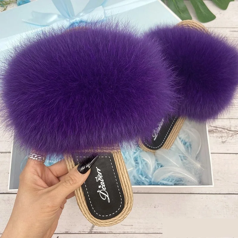 Summer Natural Fox Fur Fluffy synthetic Straw Flat Indoor Slippers for Women Leather Driving Shoe Style  