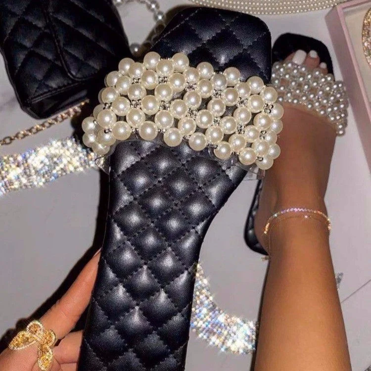 Summer New Women 2022 Pearl Rhinestone Women's All-match Casual Slippers Fashion Solid Color Flat shoes sandals British Gentleman Oxford Style  
