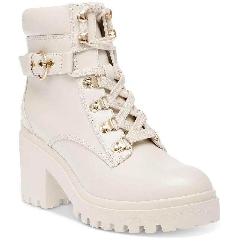 Wild Pair Womens Bridgitt Faux Leather Ankle Combat & Lace-Up Boots Embroidered Cowboy Boot Design  