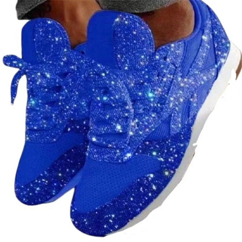 Women Casual Glitter Shoes Mesh Flats Ladies Sequin Vulcanized Shoes Lace Up Sneakers Outdoor Sport Running Shoes Beaded Moccasin Design 
