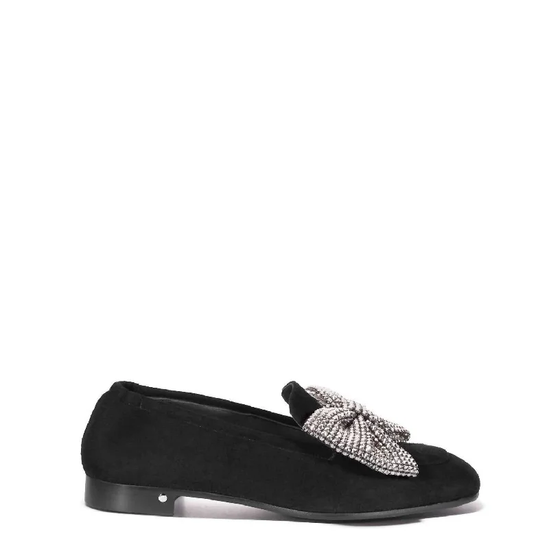 Women's Angela Bow Suede Loafer In Black/silver Art Deco - Inspired Shoe Look  