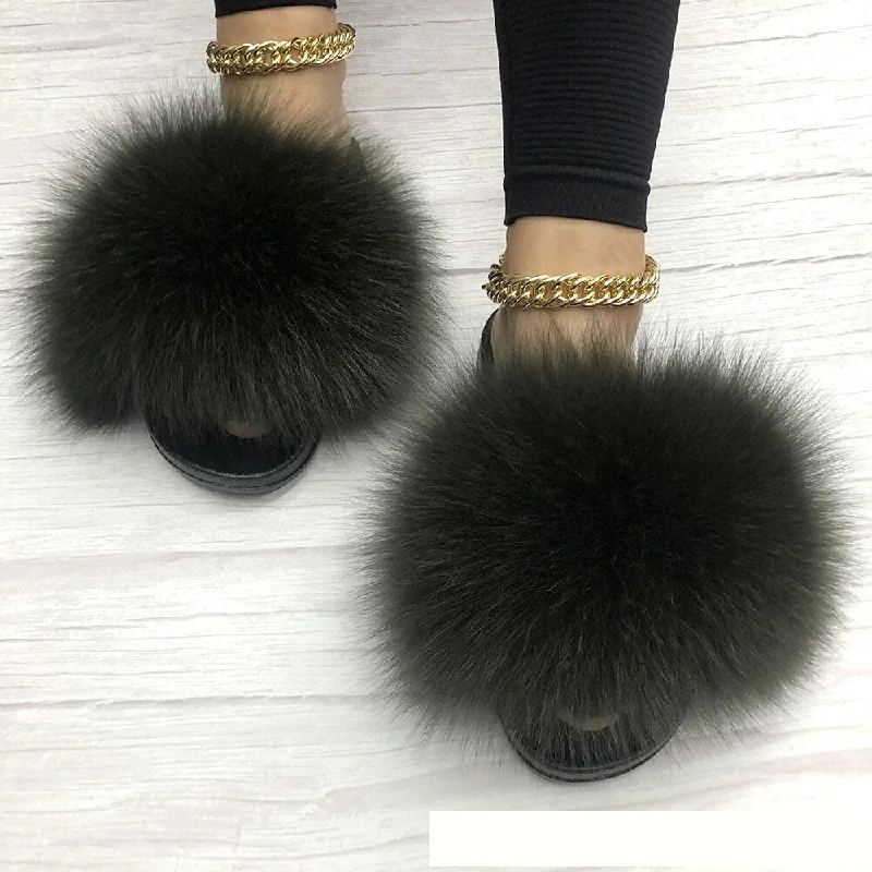 Women's Army Green Summer Sexy Fox Fur Fluffy House Slippers Open - Lacing Derby Look  