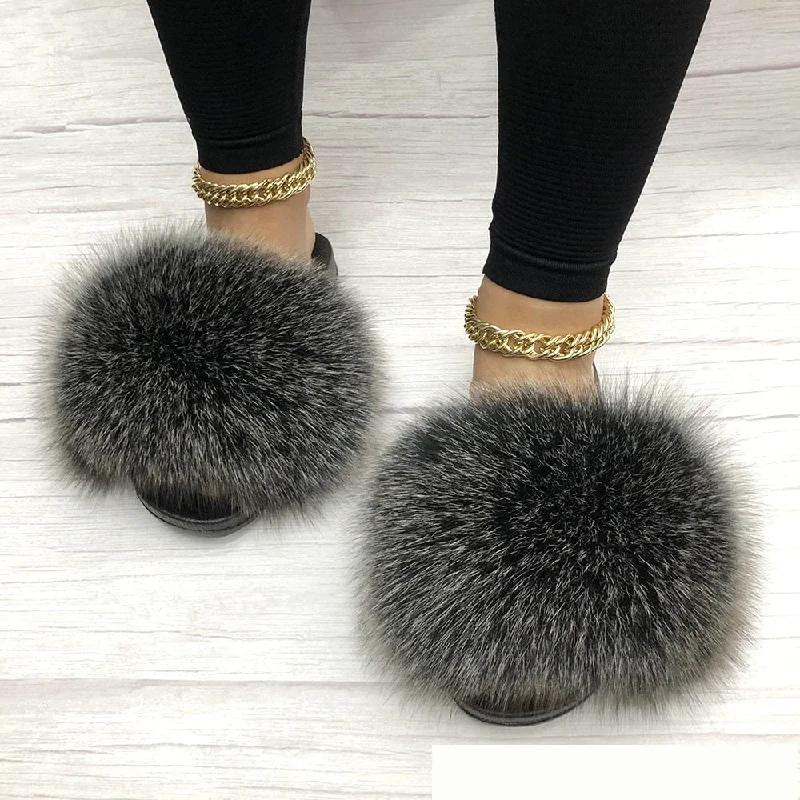 Women's Black Frost Summer Sexy Fox Big Fur Fluffy House Slippers Memory - Foam Slipper Look  