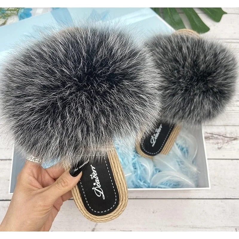 Women's Black Frost Synthetic Straw Natural Fox Real Fur Flip Flop Sandals Upcycled Shoe Look  