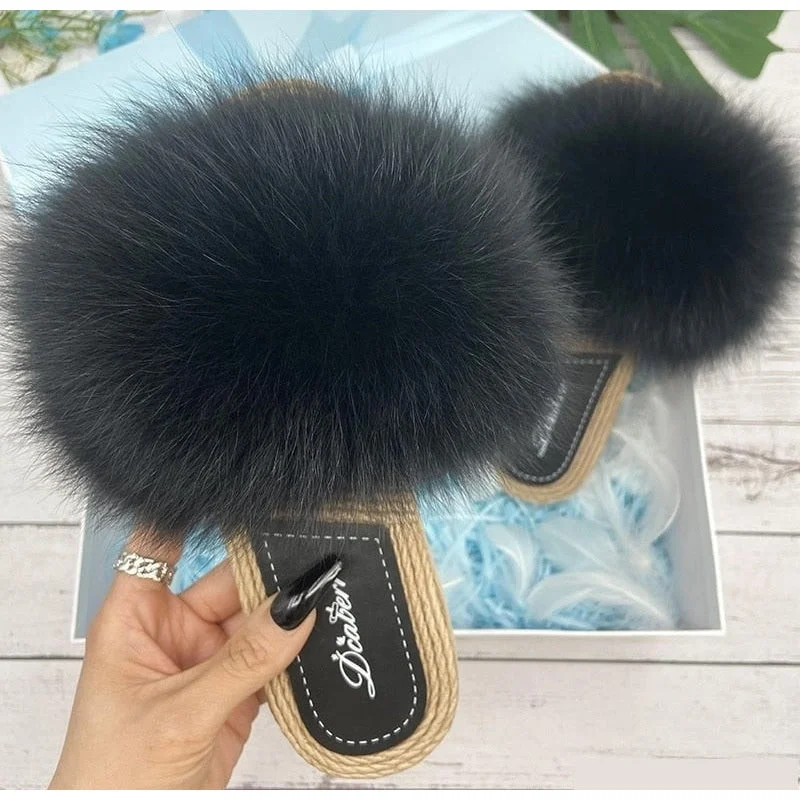 Women's Black Real Fur Synthetic Straw Natural Fox Flip Flops Flat Sandals Business Monk Strap Style  