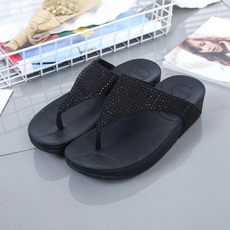 Women's Black Summer Fashion Crystal Diamond Gem Flat Slippers Waterproof Hiking Boot Design  