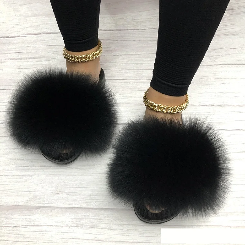 Women's Black Summer Sexy Slides Fox Big Fur Fluffy House Slippers Strap - Up Sandal Resort Style  