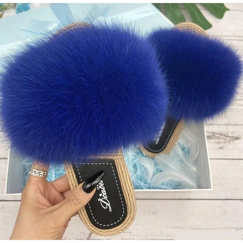 Women's Blue Real Fur Synthetic Straw Natural Fox Flip Flops Flat Sandals Glow - in - the - Dark Shoe Design  