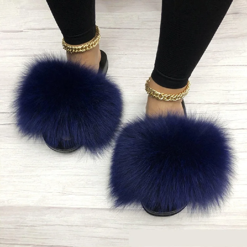 Women's Blue Summer Sexy Slides Fox Big Fur Fluffy House Slippers Hip - Hop Sneaker Style  