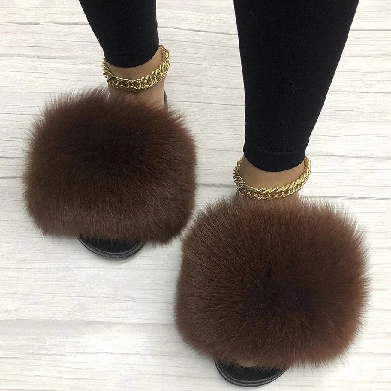 Women's Caramel Summer Sexy Slides Fox Big Fur Fluffy House Slippers Distressed Leather Shoe Style  