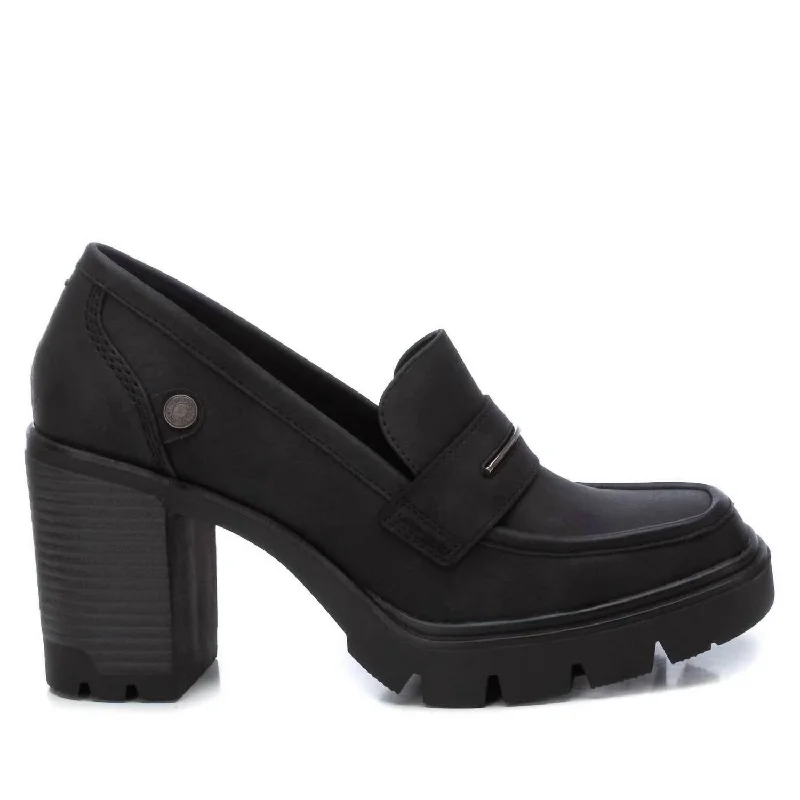 Women's Casual Heeled Moccasins In Black Comfortable Derby Style  