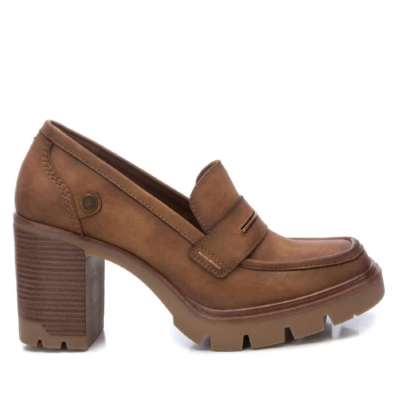 Women's Casual Heeled Moccasins In Camel Business Monk Strap Style  