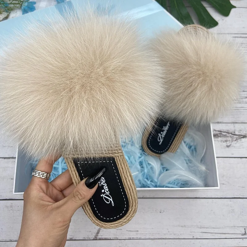 Women's Cream Natural Fox Real Fur Synthetic Straw Flip Flops Flat Slippers Retro Plimsoll Style  